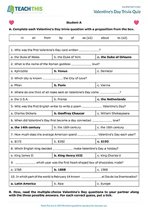 ESL Valentine's Day quiz game preview for pre-intermediate A2 showing gap-fill and multiple-choice vocabulary