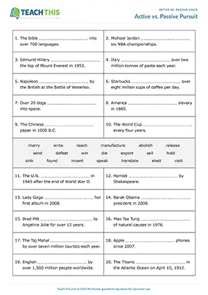 ESL upper-intermediate active vs passive voice board game preview featuring verb form completion, dice rolling activities, and competitive grammar practice for B2 level students