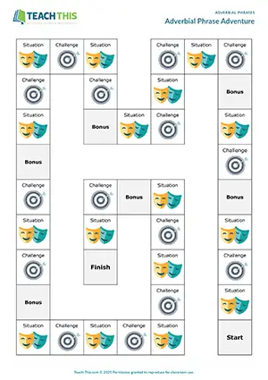 ESL adverbial phrases board game preview for upper-intermediate: group activity forming sentences using adverbial phrases in various situations.