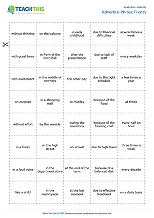 ESL Adverbial phrases game preview for intermediate: group activity forming sentences with various types of adverbial phrases.