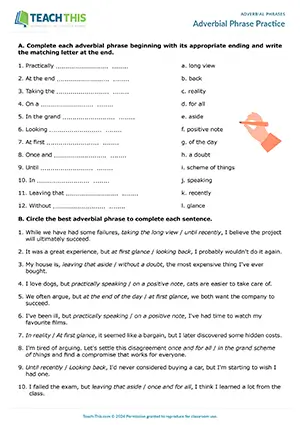 ESL adverbial phrases worksheet and speaking activity preview for upper-intermediate: matching, error correction, and pair conversation using adverbial phrases.