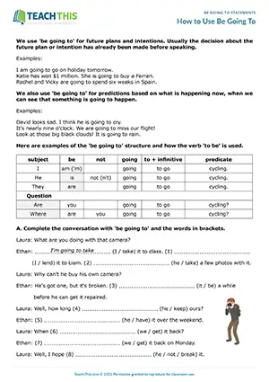 ESL Be Going To worksheet preview for pre-intermediate: grammar gap-fill, sentence writing, future plans, and predictions.