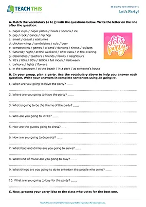 ESL Be Going To activity preview for pre-intermediate: group party planning, vocabulary, writing sentences, and class presentations.