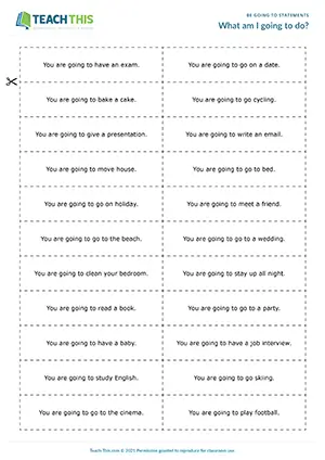 ESL Be Going To game preview for pre-intermediate: pair guessing activity about planned activities using be going to sentences.