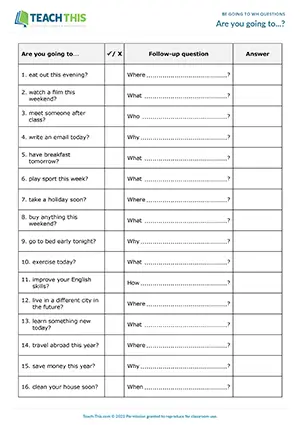ESL Be Going To Wh questions speaking activity preview for elementary: forming, asking and answering future plans in pairs.