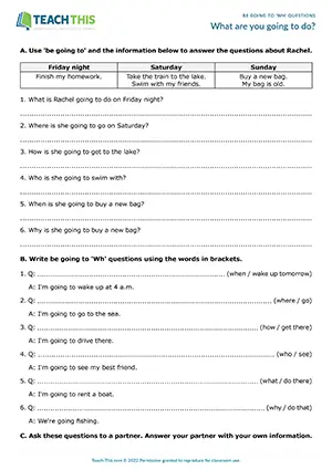 ESL Be Going To Wh Questions worksheet preview for elementary: writing and answering Wh questions about future plans in pairs.