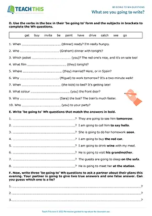 ESL Be Going To Wh Questions worksheet preview for pre-intermediate: matching, gap-fill, forming questions, and pair speaking activities.
