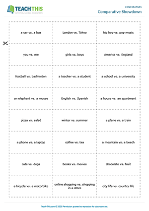 ESL comparative adjectives showdown game preview: students form sentences with comparatives under time pressure at Pre-intermediate A2.