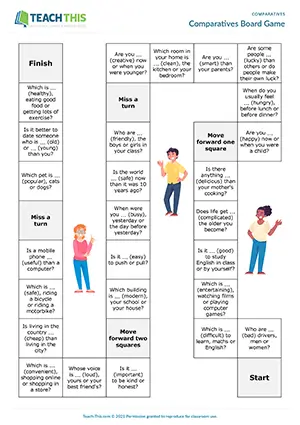 ESL comparatives board game preview: students change adjectives to comparatives and ask/answer questions at Intermediate B1.