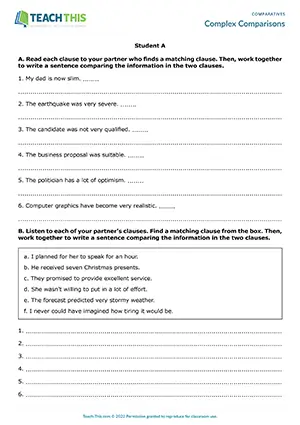 ESL complex comparisons activity preview: students match clauses and write comparative sentences at Upper-intermediate B2.