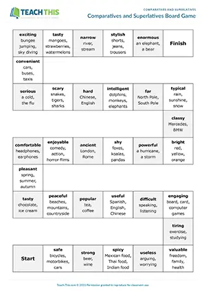 ESL comparatives and superlatives board game: students form sentences and share opinions at Intermediate B1.