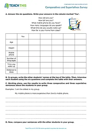 ESL comparatives and superlatives survey activity preview: students interview and write sentences about classmates at Pre-intermediate A2.