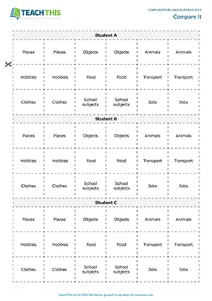 ESL comparatives and superlatives card game: students flip cards and make comparative or superlative sentences at Pre-intermediate A2.