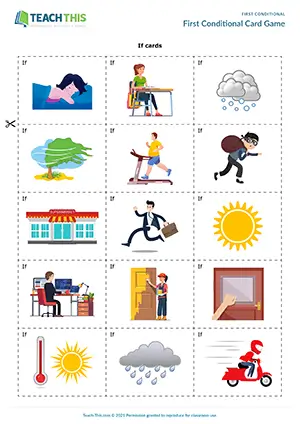 ESL first conditional card game for intermediate B1: forming sentences from picture prompts, group work