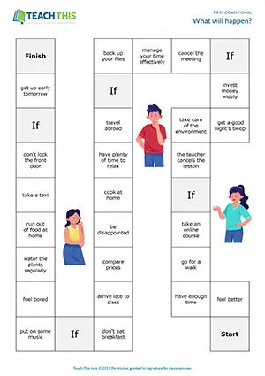 ESL first conditional board game for intermediate B1: forming sentences from prompts, group work