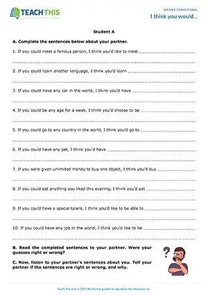 ESL second conditional activity for intermediate B1: guessing, sentence completion, pair practice