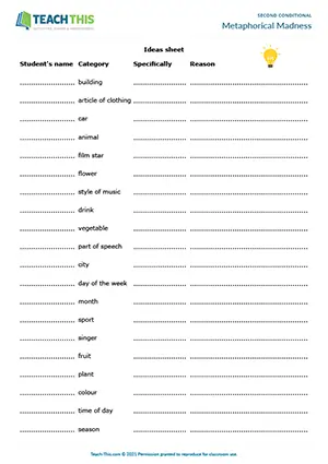 ESL second conditional game for upper-intermediate B2: matching, writing metaphors, group guessing