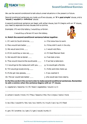 ESL second conditional worksheet for intermediate B1: matching, unscrambling, gap-fill, animal guessing