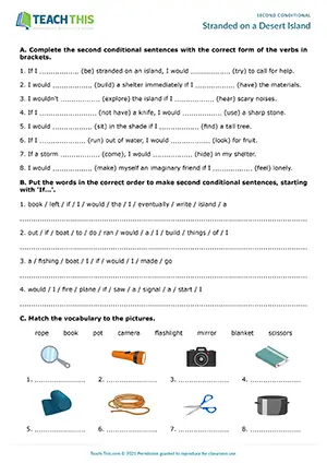ESL second conditional worksheet for upper-intermediate B2: gap-fill, matching, survival, group discussion