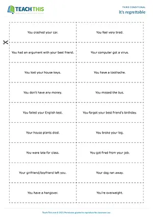 ESL third conditional regrets game for upper-intermediate B2: forming sentences, guessing, group practice