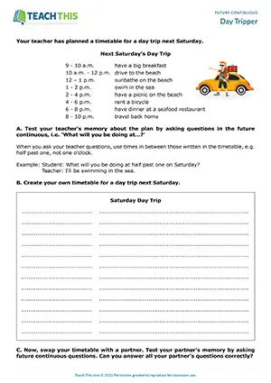 ESL future continuous speaking activity for intermediate B1: writing a schedule, asking and answering, pair work