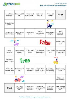 ESL future continuous board game for upper-intermediate B2: true or false, forming sentences, group guessing
