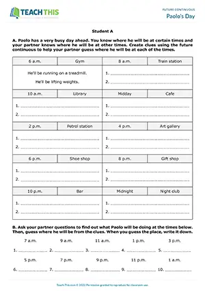 ESL future continuous information gap activity for intermediate B1: writing and reading clues, guessing