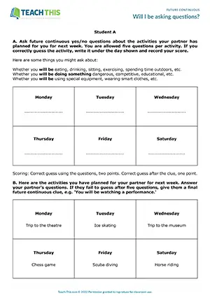 ESL future continuous activity for upper-intermediate B2: asking and answering questions, guessing, pair work