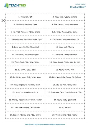 Future Simple group game, matching, forming sentences, A1-A2
