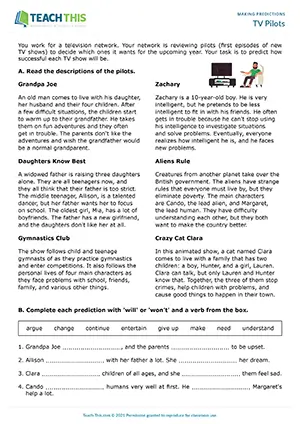 Future Simple worksheet, predictions, TV shows, discussion, gap-fill, intermediate