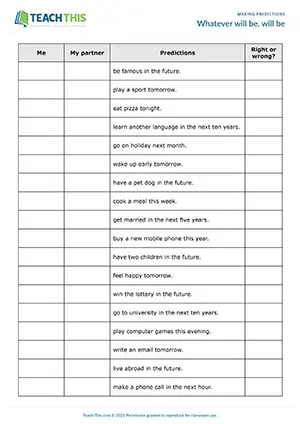 Future Simple predictions game, pair work, sentence completion, elementary