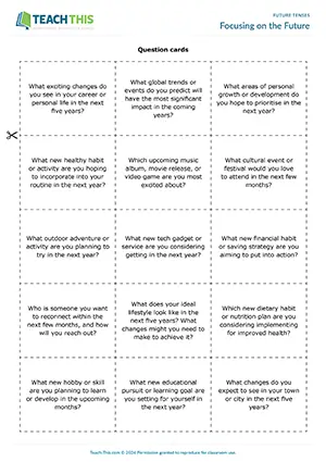 Advanced future expressions game, vocabulary, guided discussions, pair work, C1