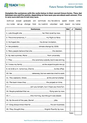 Future tenses game, grammar, gap-fill, betting, upper-intermediate