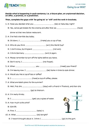 Be going to or will worksheet, future plans, offers, promises, predictions, A2