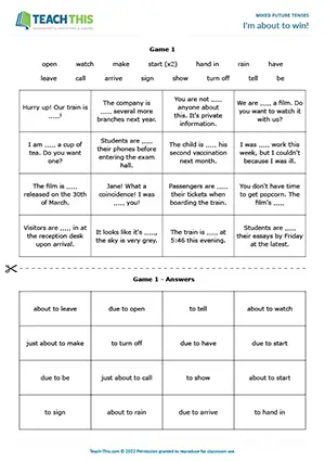 Future expressions game, about to, due to, just about to, sentence completion, B2