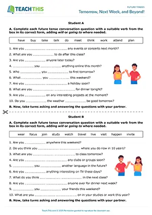 Mixed future tenses speaking activity, gap-fill, asking and answering, group and pair work, A2