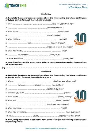 ESL future continuous and future perfect questions activity for upper-intermediate B2: gap-fill, pair work