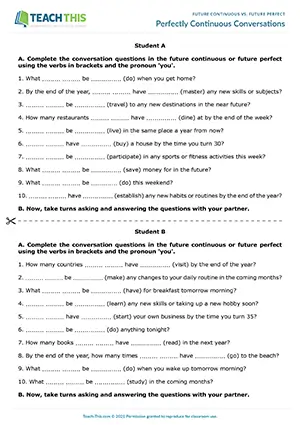 ESL future continuous vs. future perfect activity for upper-intermediate B2: writing, asking and answering questions, pair work