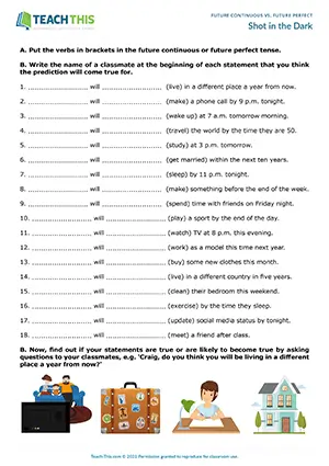 ESL future continuous and future perfect game for -upper-intermediate B2: sentence completion, guided discussion, group game