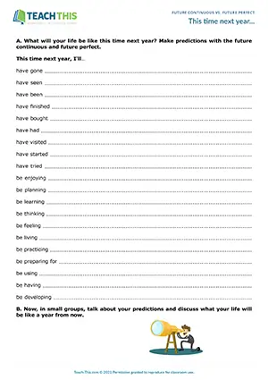 ESL future continuous and future perfect activity for upper-intermediate B2: sentence completion, group discussion
