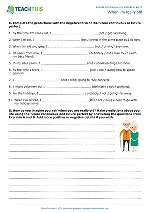ESL future continuous vs. future perfect worksheet for upper-intermediate B2: writing questions, gap-fill, predictions