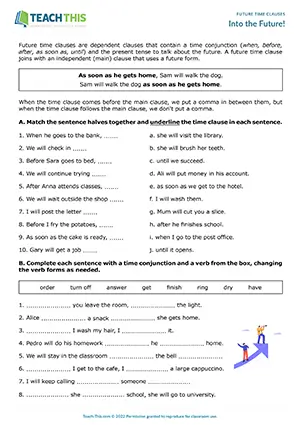 Future time clauses worksheet, matching, identifying, gap-fill, unscrambling, pair work, B1