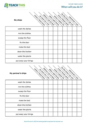 Future time clauses game, Battleships, asking and answering, pair work, B1