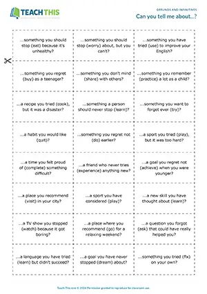 Gerunds and infinitives activity, forming, asking and answering, pair work, B1