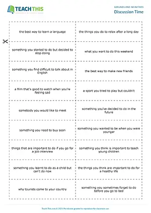 Gerunds and infinitives speaking activity, answering and discussing, group work, B1