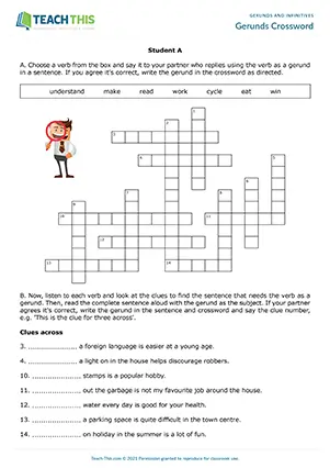 Gerunds activity, crossword, sentence completion, pair work, A2