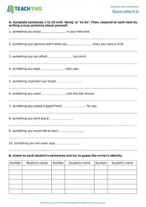 Gerunds and infinitives guessing game, writing sentences, listening, A2