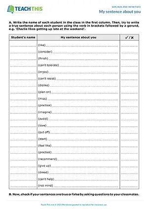 Gerunds activity, writing sentences, asking and answering, group work, B1