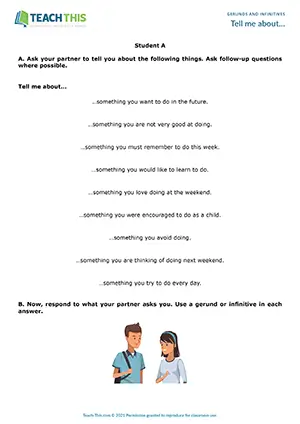 Gerunds and infinitives speaking activity, asking and answering, freer practice, B1