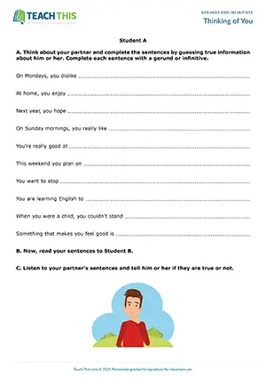 Gerunds and infinitives game, sentence completion, guessing, pair work, B1